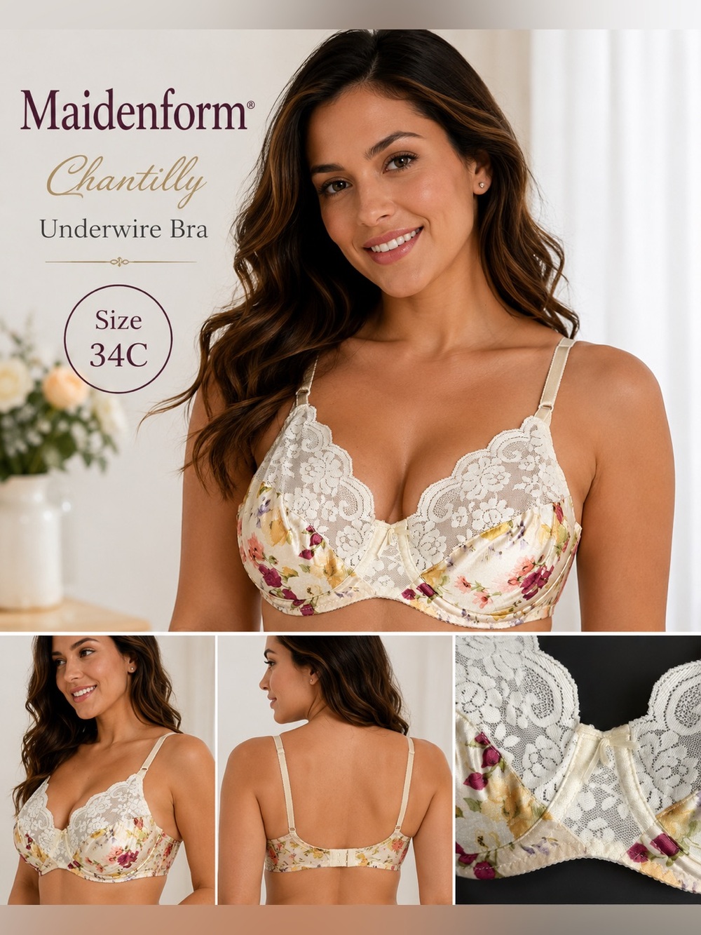 Maidenform Chantilly Floral Lace Underwire Bra 34C Ivory Satin Vintage Romantic